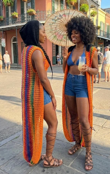 Sunset Rainbow Crochet Maxi Duster | Hooded Boho Festival Vest | Handmade Colorful Summer Long Cardigan